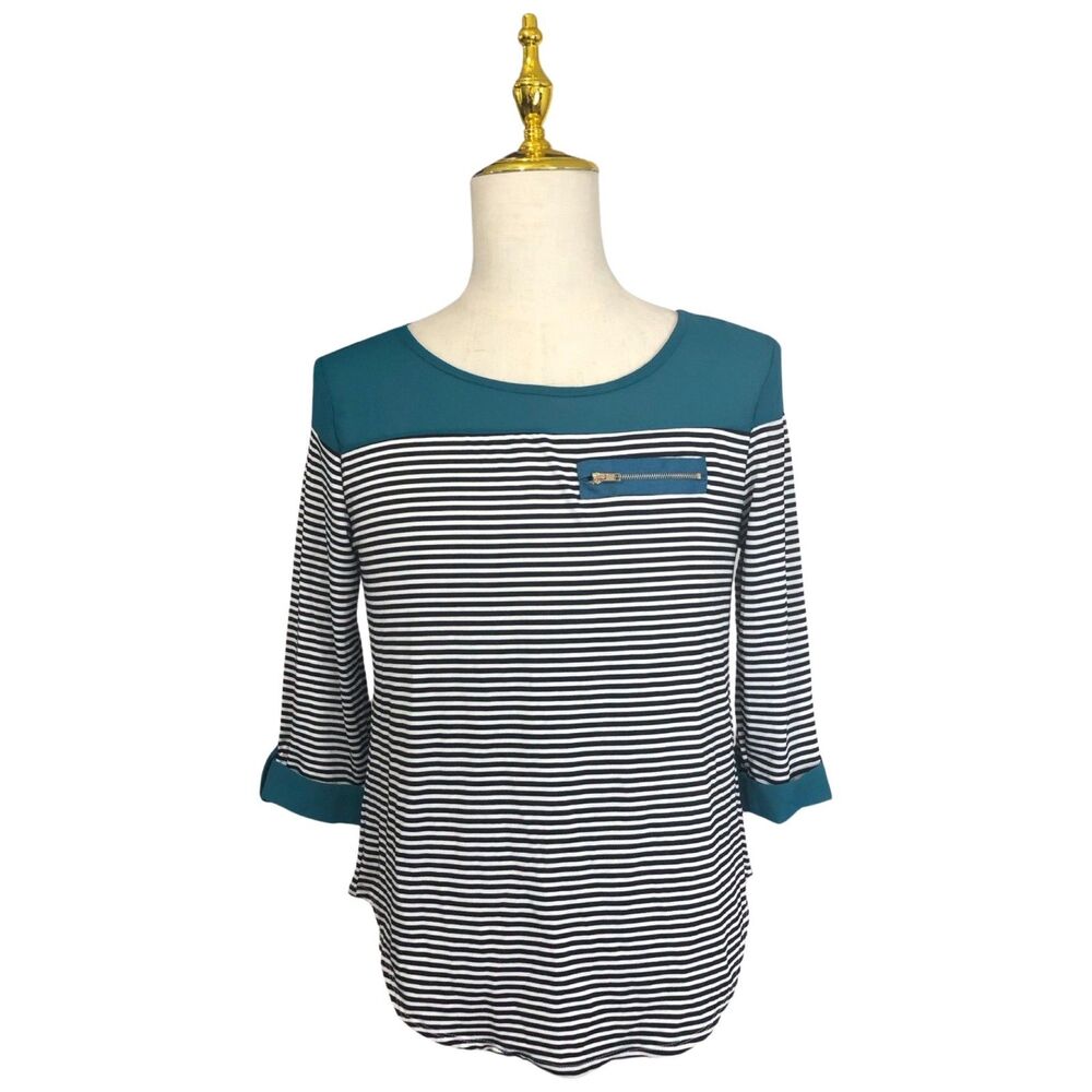 Ashley Blue Knit Blouse XL Long Sleeve Striped